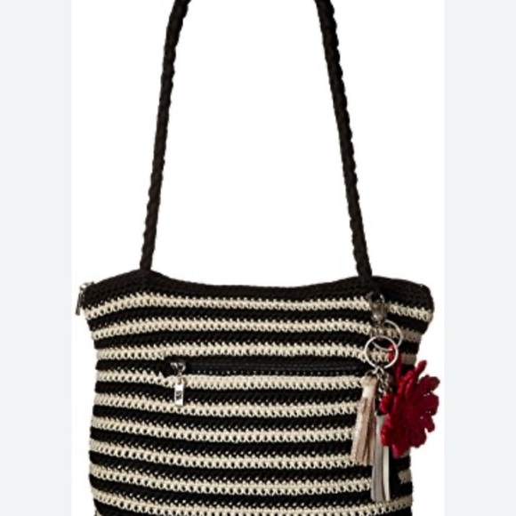 THE SAK Hobo Crochet Knit Bag Black white Striped pink flower Tassel Purse Charm - Picture 3 of 12